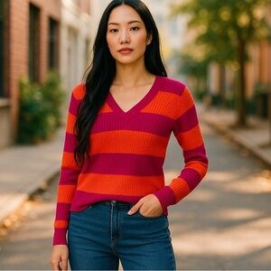 Derek Heart Chuny‎ Ribbed Knit Sweater M Pink Orange Color-Block Striped V Neck